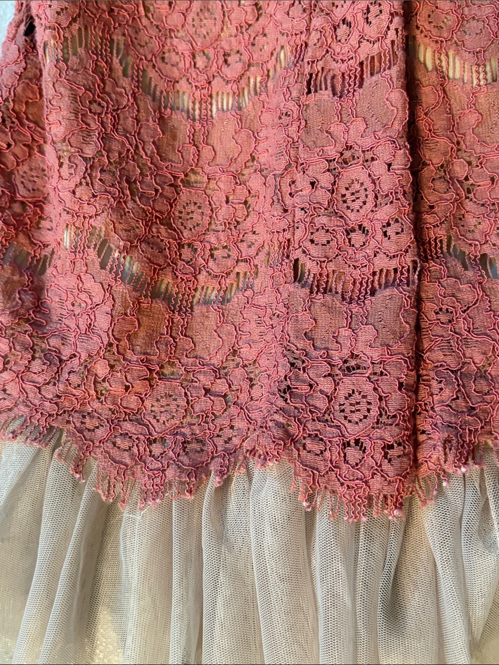 Francesca’s Coral Lace Midi Dress with Cream Tulle Hem - Picture 3 of 8